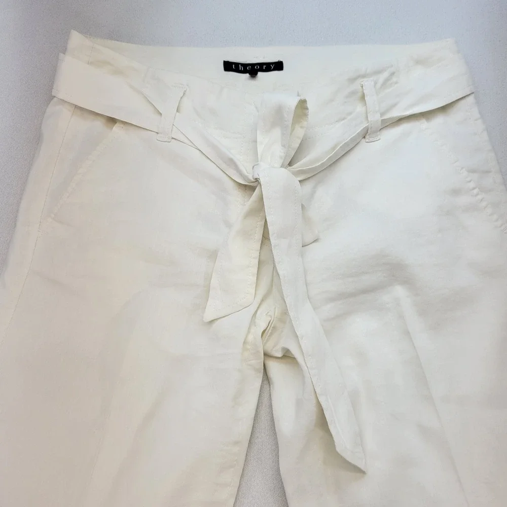 Theory Trousers Womens 0 Cream Linen Blend Tie Waist Wide Leg Dress Pants